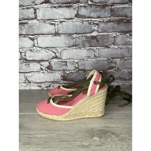 J CREW Pink Canvas Fabric Espadrille Wedge Green Lace Sandals Women 6M US/36.5EU